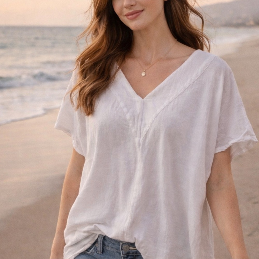 Manta Del Lago white linen cotton bougie hot weather summer vacay top tee shirt